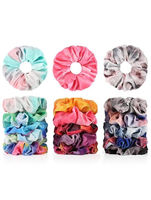 Tie Dye Velvet Scrunchies for Hair, Funtopia 15 Pcs Velvet Hair Scrunchies in Gradient Color, Soft Hair Bands Rainbow Scrunchies for Women and Girls