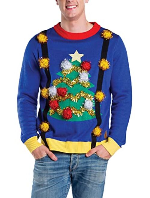 Tipsy Elves Ugly Christmas Sweater for Men Blue Christmas Tree Sweater with Susenders and Pom Poms