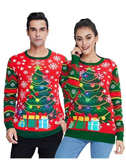 Idgreatim Women Men LED Ugly Christmas Sweaters Funny Pullover Long Sleeve Knitted Xmas Sweater Jumper S-XXL