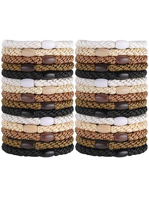 Bracelet Hair Ties for Women Girls, Funtopia 30 Pcs Colorful Elastics Hair Bands Ponytail Holders for Thick Hair, No Metal No Damage Soft Hair Ties with Bead, Bulk Set
