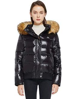 Women's Thickened Winter Bubble Down Coat Shiny Puffer Jacket with Fur Hood