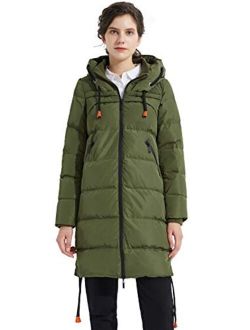 Women's Thickened Contrast Color Drawstring Down Jacket Hooded Parka Long Puffer Coat