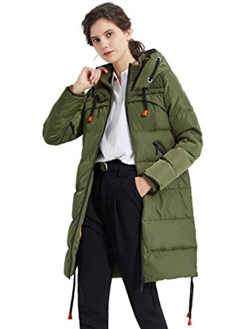 Orolay Women's Thickened Contrast Color Drawstring Down Jacket Hooded Parka Long Puffer Coat