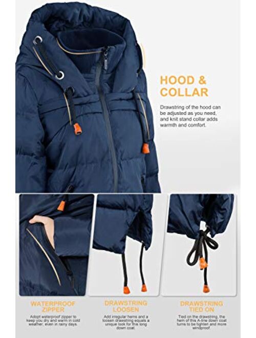 Orolay Women's Thickened Contrast Color Drawstring Down Jacket Hooded Parka Long Puffer Coat