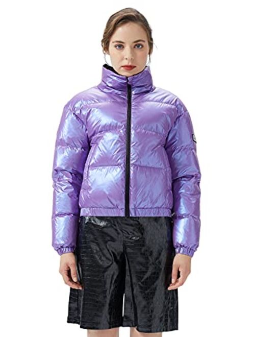 Orolay Women's Winter Puffer Down Jacket Ultra Short Glossy Fashion Coat with Zipper Pockets