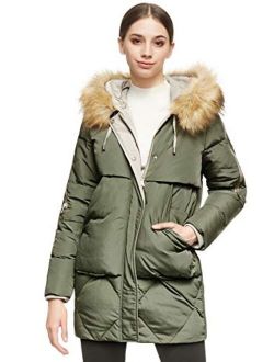 Women's Thickened Mid-Length Down Jacket with Removable Fur Hood Large Pockets