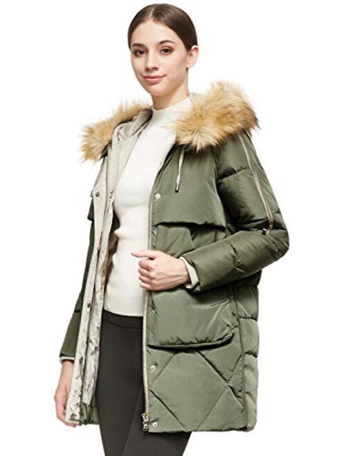 Orolay Women's Thickened Mid-Length Down Jacket with Removable Fur Hood Large Pockets