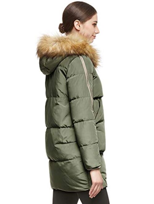 Orolay Women's Thickened Mid-Length Down Jacket with Removable Fur Hood Large Pockets