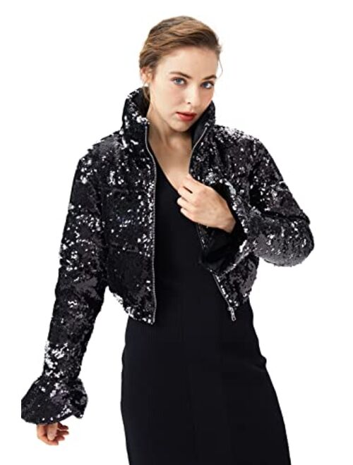 Orolay Women's Ultra Short Shiny Down Coat Sequin Fashion Petite Jacket with Stand Collar