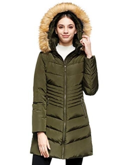 Women's Light Winter Down Coat Diamond Quilted Puffer Jacket with Fur Hood