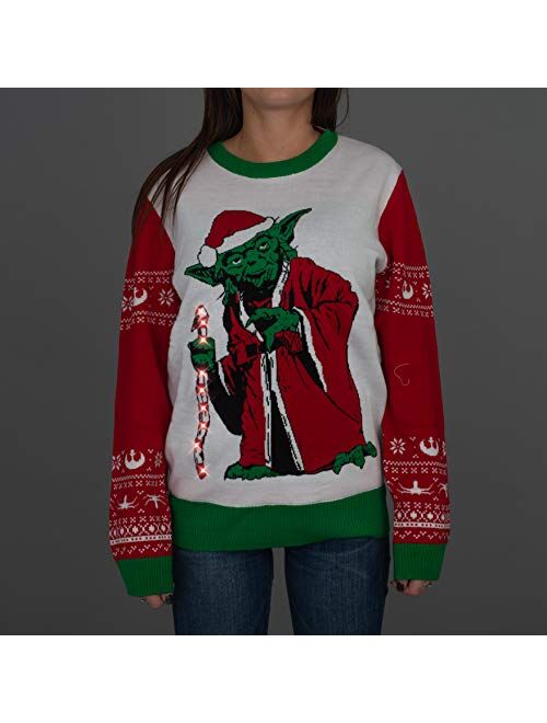 Star Wars Jedi Yoda Dressed As Santa Adult LED Light Up Candy Cane Ugly Christmas Sweater