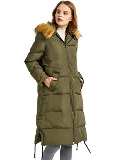 Women's Winter Drawstring Down Coat Removable Faux Fur