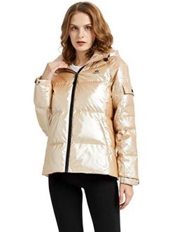 Women's Winter Down Coat Metallic Hooded Puffer Jacket