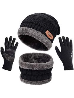 MAYLISACC Winter Knit Beanie Hat Neck Warmer Scarf and Touch Screen Gloves Set 3 Pcs Fleece Lined Skull Cap for Men Women