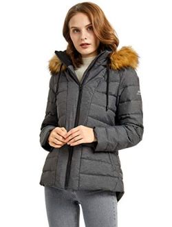 Women's Winter Down Coat Inner Pocket Snap Puffer Jacket with Fur Hood