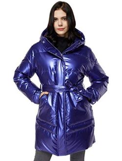 Women's Warm Winter Belted Down Coats with Stand Collar Thick Hood