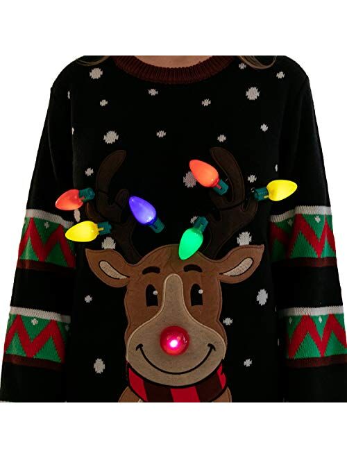 Womens LED Light Up Reindeer Ugly Christmas Sweater Built-in Light Bulbs