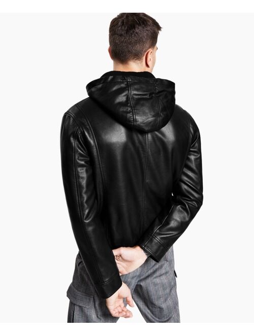 INC International Concepts Men's Regular-Fit Faux-Leather Bomber Jacket with Removable Hood, Created for Macy's