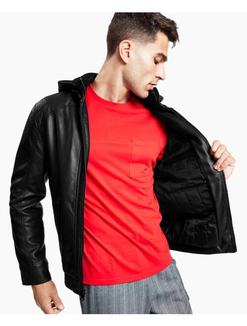 INC International Concepts Men's Regular-Fit Faux-Leather Bomber Jacket with Removable Hood, Created for Macy's