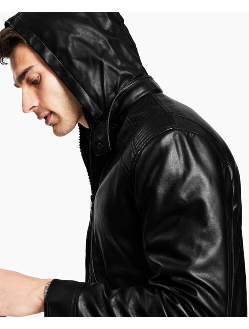 INC International Concepts Men's Regular-Fit Faux-Leather Bomber Jacket with Removable Hood, Created for Macy's