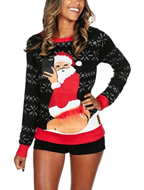 Tipsy Elves Cozy Womens Gray Selfie Santa with Red Fur Thong Ugly Christmas Sweater
