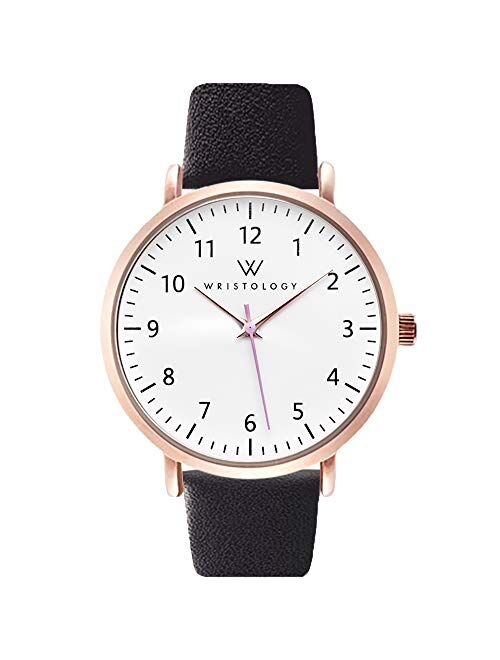 WRISTOLOGY Olivia Rose Gold Womens Watch - for Nurses Large Face Analog Easy to Read Numbers with Second Hand Black Leather Band