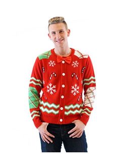 Candy Canes and Snowflakes Red Button Up Ugly Christmas Sweater with Bowtie