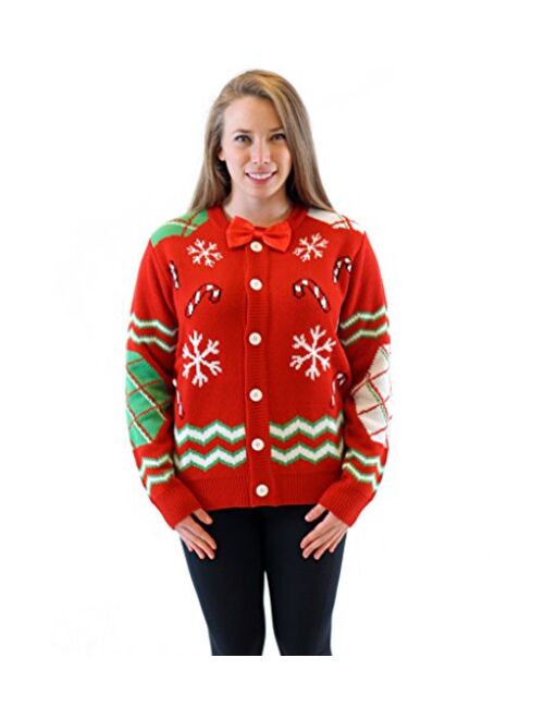 Candy Canes and Snowflakes Red Button Up Ugly Christmas Sweater with Bowtie