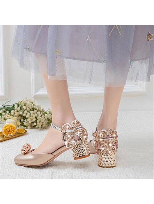 New Girls High Heels Children Sandals Princess Crystal shoes Student Summer Dance Performance Shoes Kids Baby PU Leather 018
