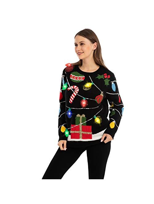 Womens LED Light Up String Light Ugly Christmas Sweater Built-in Light Bulbs