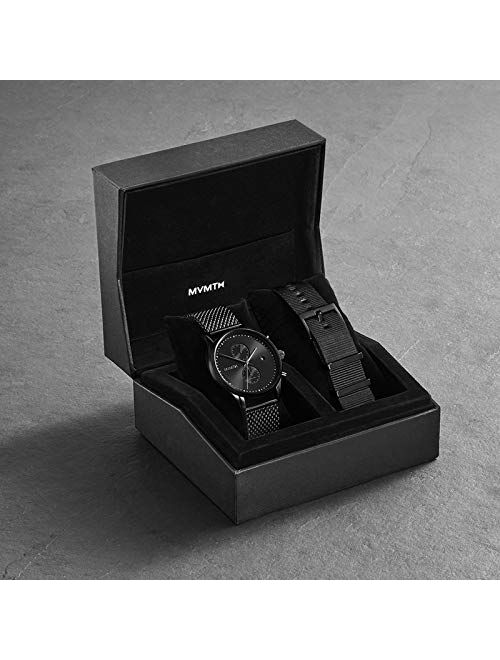 MVMT Voyager Mens Watch Gift Set | Analog Chronograph Watch with Date | Includes Black Stainless Steel Mesh & Black Nylon Straps