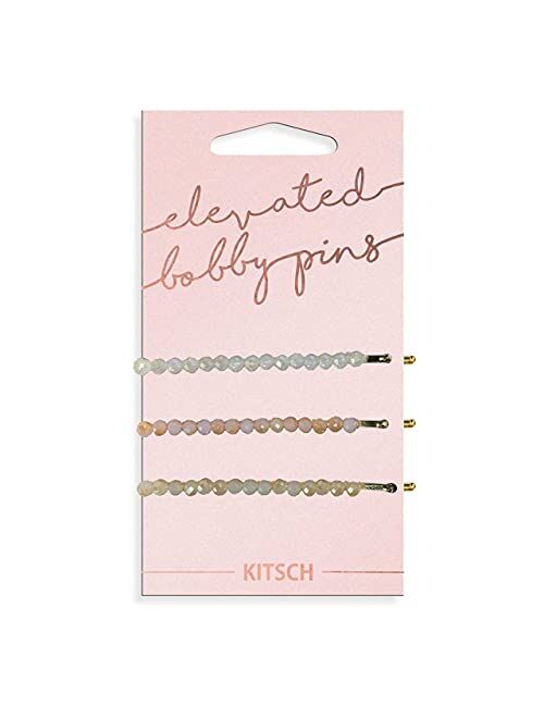 Kitsch Fashion Bobby Pins, 2.5 Inches Long Metal Hair Pins, Gold Pins with Beading, 3 Pcs (Blush)