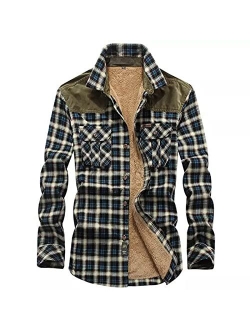 Burband Mens Long Sleeve Berber Fleece Lined Button Down Camp Flannel Shirts Brushed Cotton Thermal Sherpa Plaid Jackets