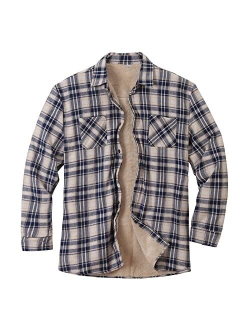 Burband Mens Long Sleeve Berber Fleece Lined Button Down Camp Flannel Shirts Brushed Cotton Thermal Sherpa Plaid Jackets