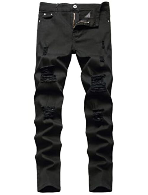 Kihatwin Boy's Skinny Ripped Jeans Destroyed Distressed Taper Zipper Pants with Holes