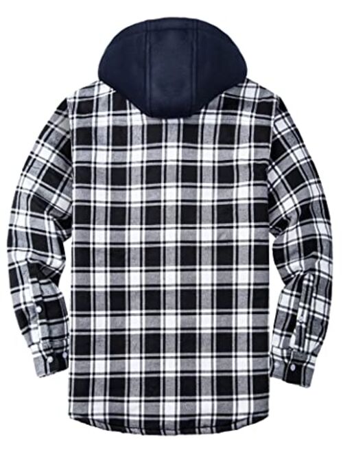 MAGCOMSEN Men's Flannel Shirt Jacket with Removable Hood 5 Pockets Plaid Quilted Lined Winter Coats Thick Hoodie Outwear