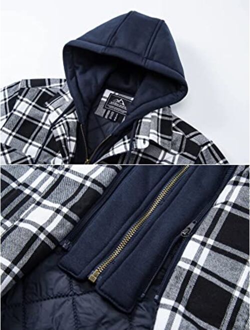 MAGCOMSEN Men's Flannel Shirt Jacket with Removable Hood 5 Pockets Plaid Quilted Lined Winter Coats Thick Hoodie Outwear