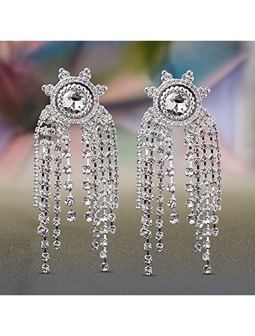 Badgley Mischka Sunburst Rhinestone Chain Fringe Dangle Earrings for Women
