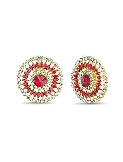 Round Red Rhinestone Clip On Stud Earrings for Women