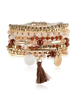 Bohemian Beaded Multi Layer Versatile Statement Bracelets - Stackable Stretch Strand Cuff Bangles Sparkly Crystal, Natural Stone, Wood Bead