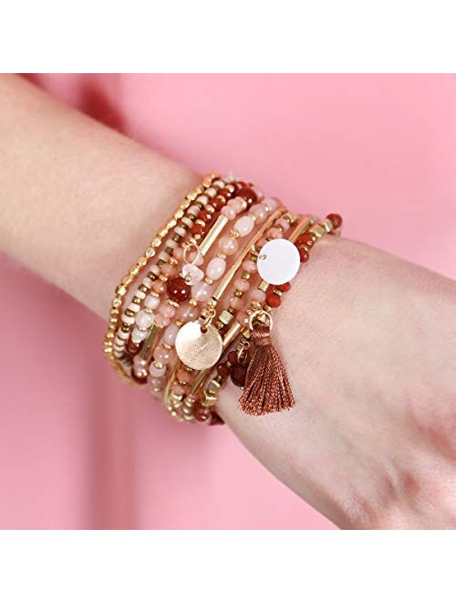 RIAH FASHION Bohemian Beaded Multi Layer Versatile Statement Bracelets - Stackable Stretch Strand Cuff Bangles Sparkly Crystal, Natural Stone, Wood Bead