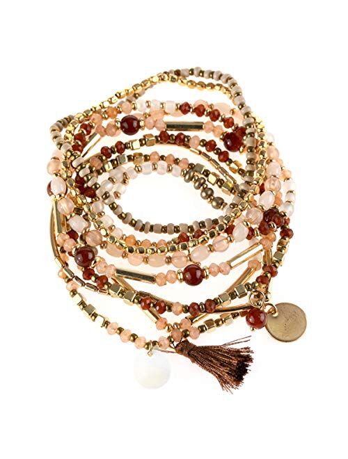 RIAH FASHION Bohemian Beaded Multi Layer Versatile Statement Bracelets - Stackable Stretch Strand Cuff Bangles Sparkly Crystal, Natural Stone, Wood Bead