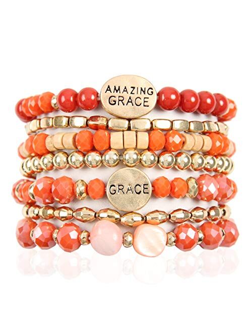 RIAH FASHION Inspirational Multi Layer Bead Stacking Strand Stretch Statement Bracelets - Religious Message Sparkly Crystal, Boho Cuff Bible Christian Bangle Set