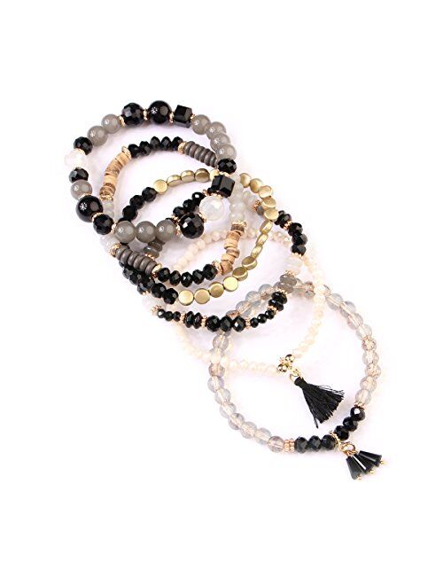 RIAH FASHION Multi Layer Versatile Statement Bracelets - Stackable Beaded Strand Stretch Bangles Sparkly Crystal, Wood Bead, Tassel Charm Pendant