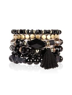 Coin Bead Multi Layer Versatile Statement Bracelets - Stackable Beaded Strand Stretch Bangles Sparkly Crystal, Tassel Charm