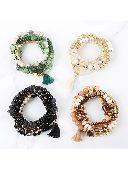 RIAH FASHION Coin Bead Multi Layer Versatile Statement Bracelets - Stackable Beaded Strand Stretch Bangles Sparkly Crystal, Tassel Charm