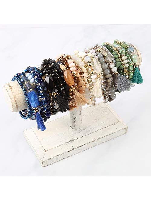 RIAH FASHION Coin Bead Multi Layer Versatile Statement Bracelets - Stackable Beaded Strand Stretch Bangles Sparkly Crystal, Tassel Charm
