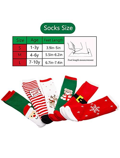 Christmas Socks, 6 Pairs Autumn Winter Holiday Warm Cotton Socks for Kids Xmas Crew Colorful Slipper Socks Gift for Boys Girls Unisex Children(for 7-10Years)