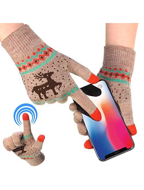 3 Pairs Women's Winter Touchscreen Gloves Warm Fleece Lined Knit Gloves Texting Elastic Cuff Gloves (Rose Red, Navy Blue and Khaki)