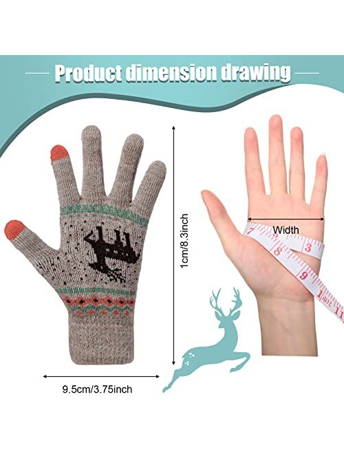 4 Pairs Winter Touch Screen Gloves Deer Fleece Lining Texting Gloves Cozy Deer Pattern Mittens Warm Knitted Gloves Christmas Stocking Stuffers for Women Men